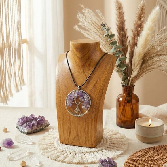 Boho Chic Tree Of Life Necklace Genuine Amethyst Crystals Silver Plated Charm - Picture 6 of 10